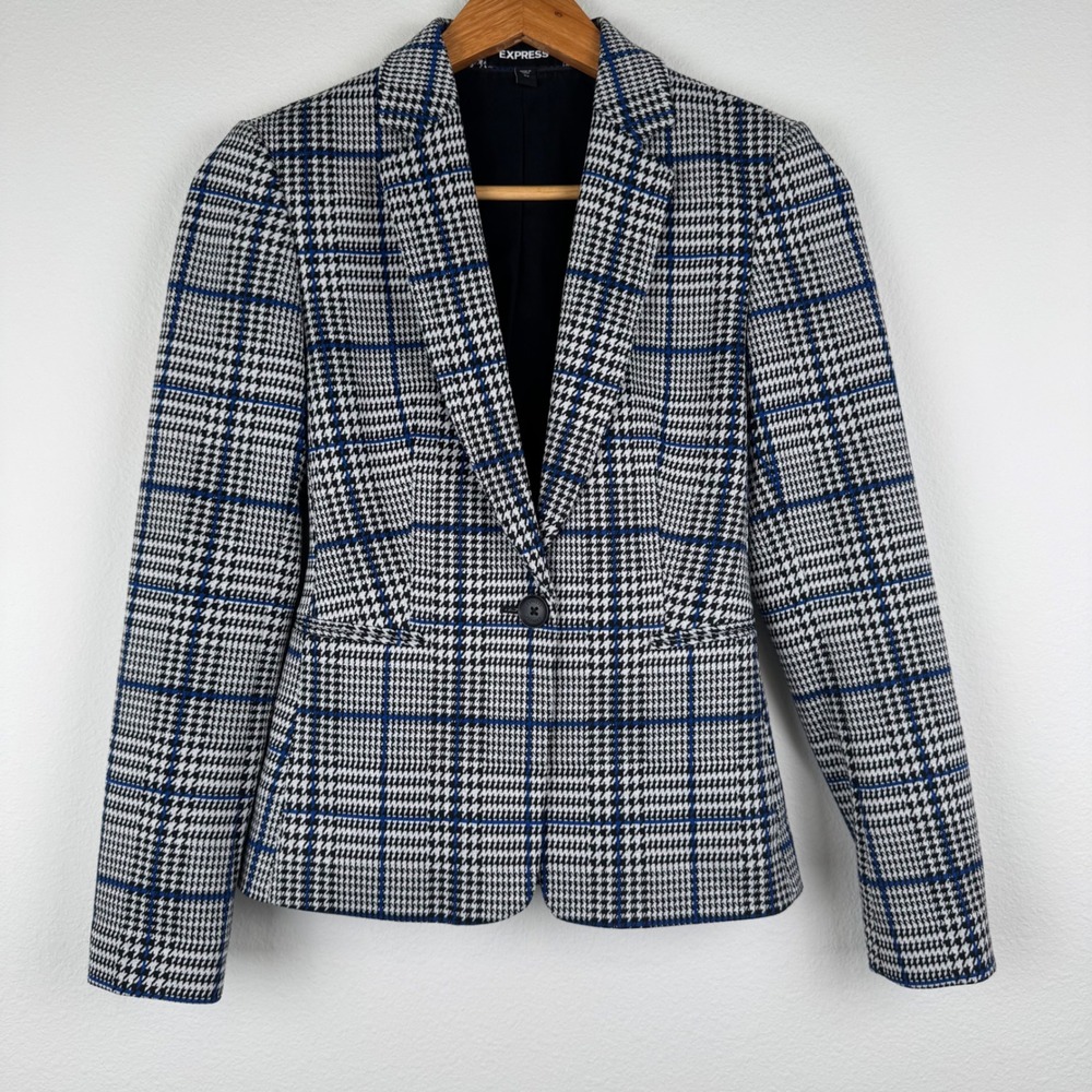 Express Blazer Women 00 Blue Houndstooth Plaid Excellent Office Chic Stretch